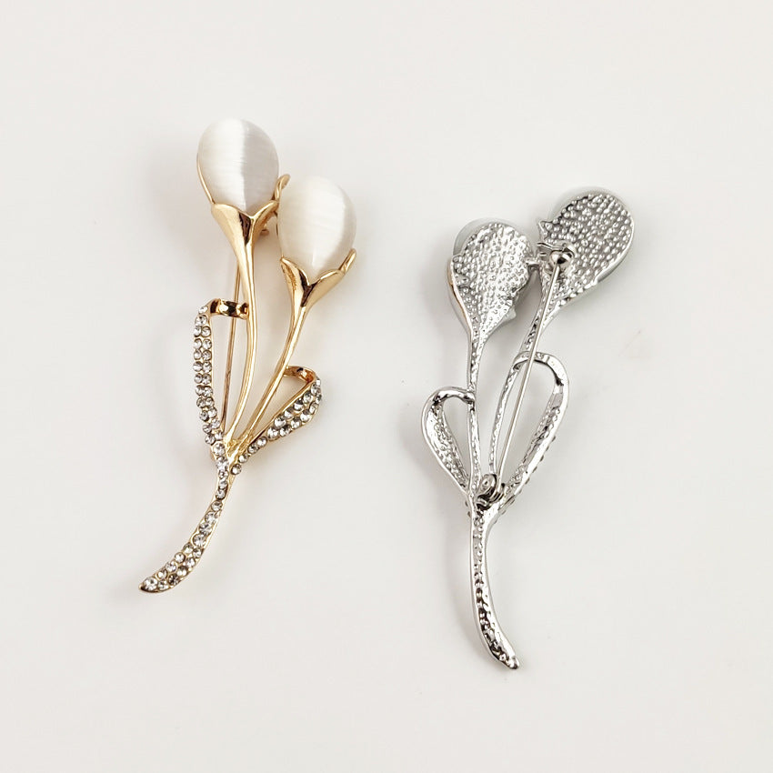 Fashion Opal Stone Tulip Brooch Pin Elegant Jewelry Flower Brooches Rhinestone