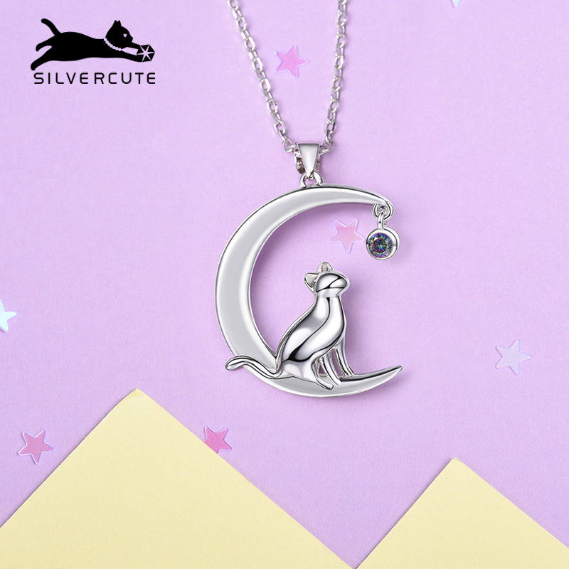 925 Silver Moon Cat Necklace Clavicle Chain Female Simple Korean Trendy Topaz Pendant