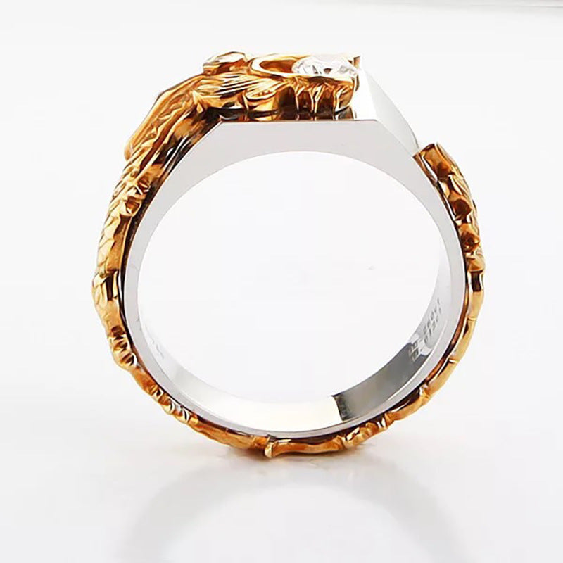 Neuer Herren-Ring mit dominierendem Drachenmuster, zweifarbigem Zirkonia und Strass, Mode Punk Hip Hop