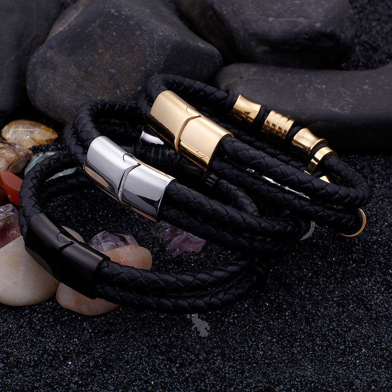 Herrenarmband aus Edelstahl in Goldfarbe, schwarzes Lederarmband für Herren, Armschmuck mit Magnetverschluss