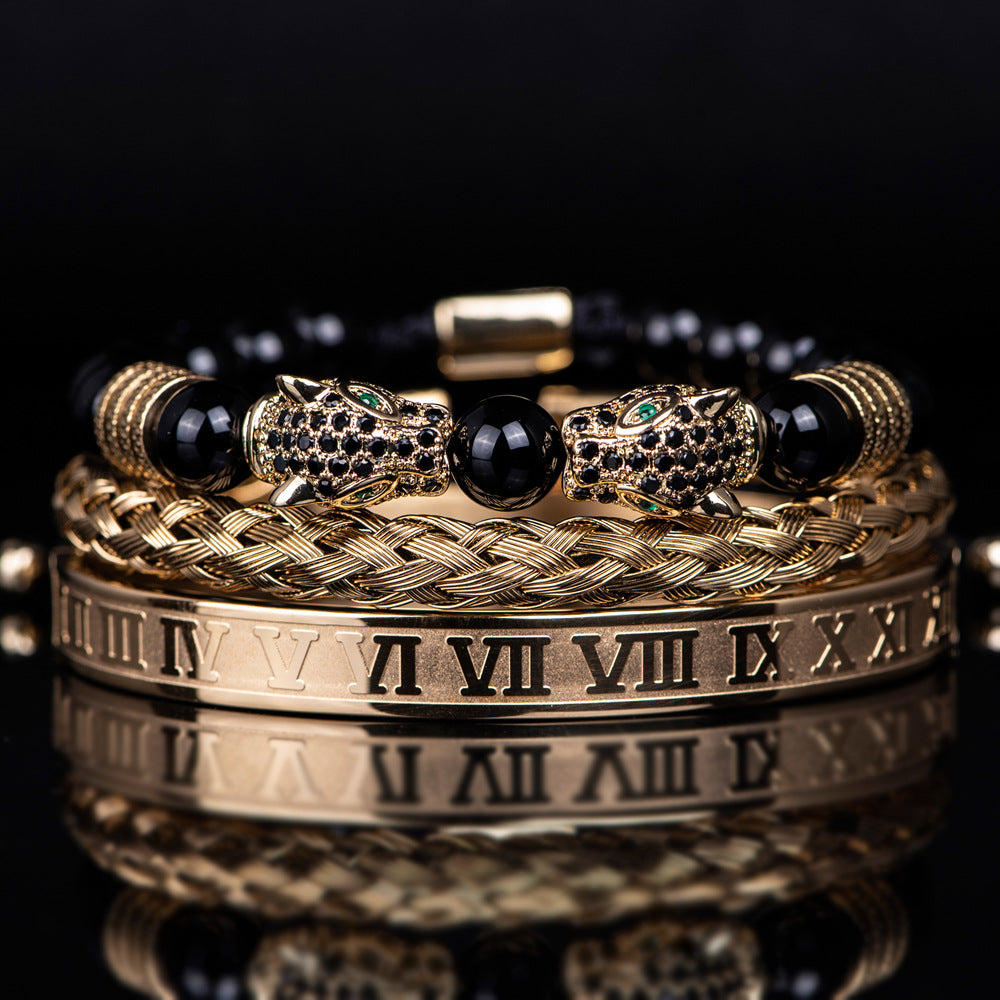 Men's Black Double Leopard Head Braided Stainless Steel Roman Numeral Bracelet Suit