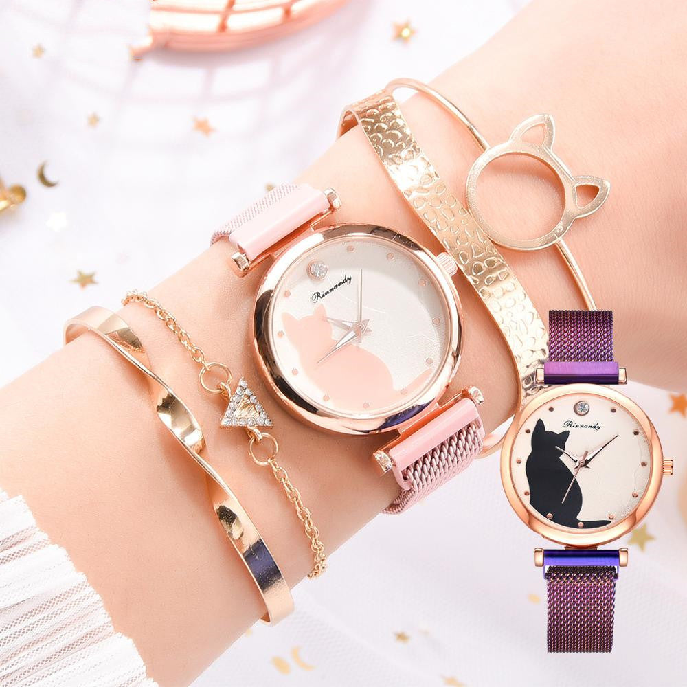 Conjunto de pulsera de reloj de gato para mujer