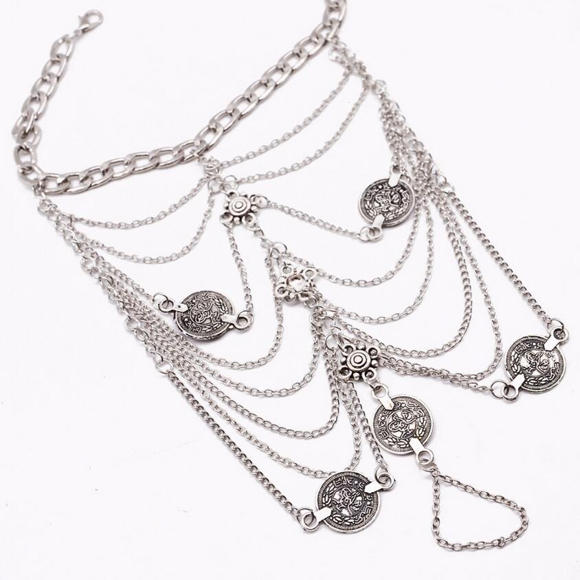 Tobillera sexy de verano con borlas plateadas para mujer, pulsera de tobillo con colgante de moneda, joyería para el pie, sandalia descalza