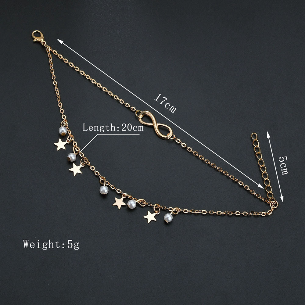 Tobillera de perlas con estrella de cinco puntas y 8 letras