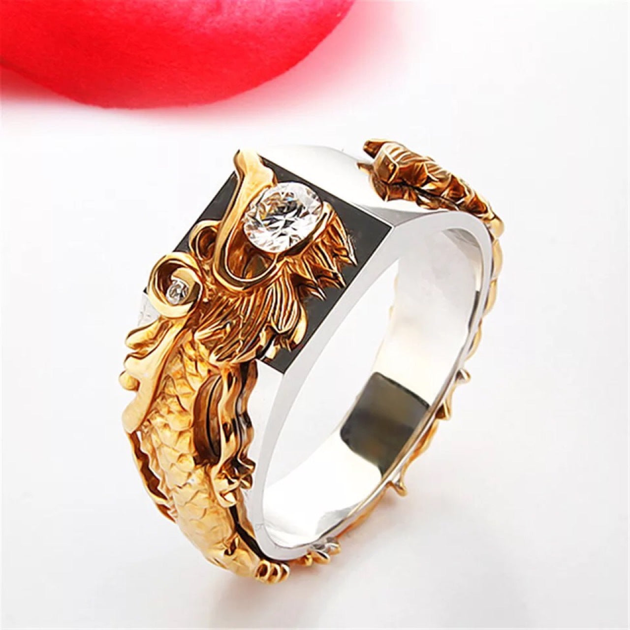 Neuer Herren-Ring mit dominierendem Drachenmuster, zweifarbigem Zirkonia und Strass, Mode Punk Hip Hop