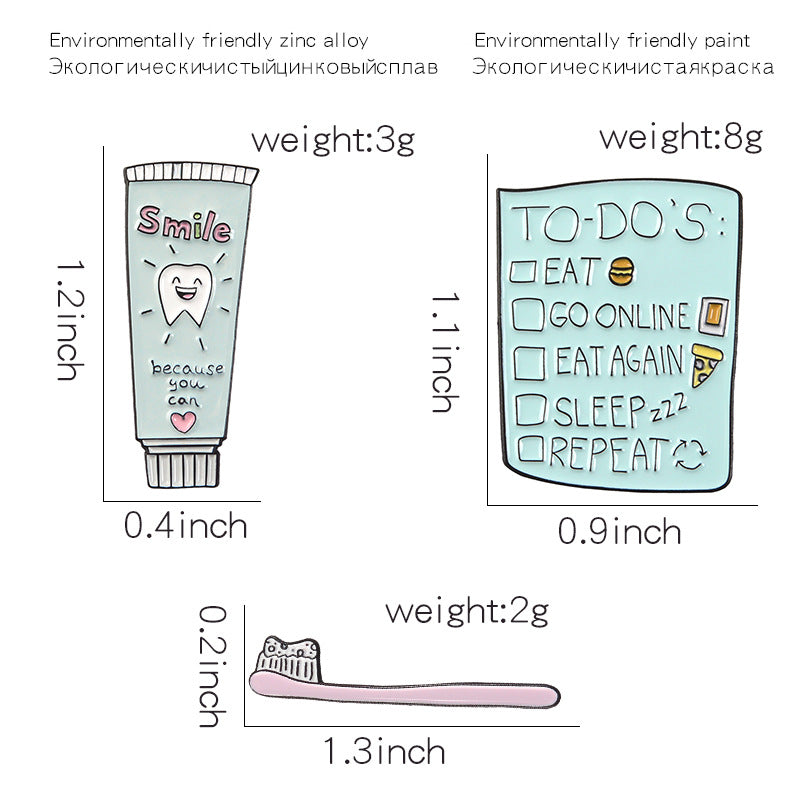 Lindo broche de pasta de dientes y cepillo de dientes de dibujos animados
