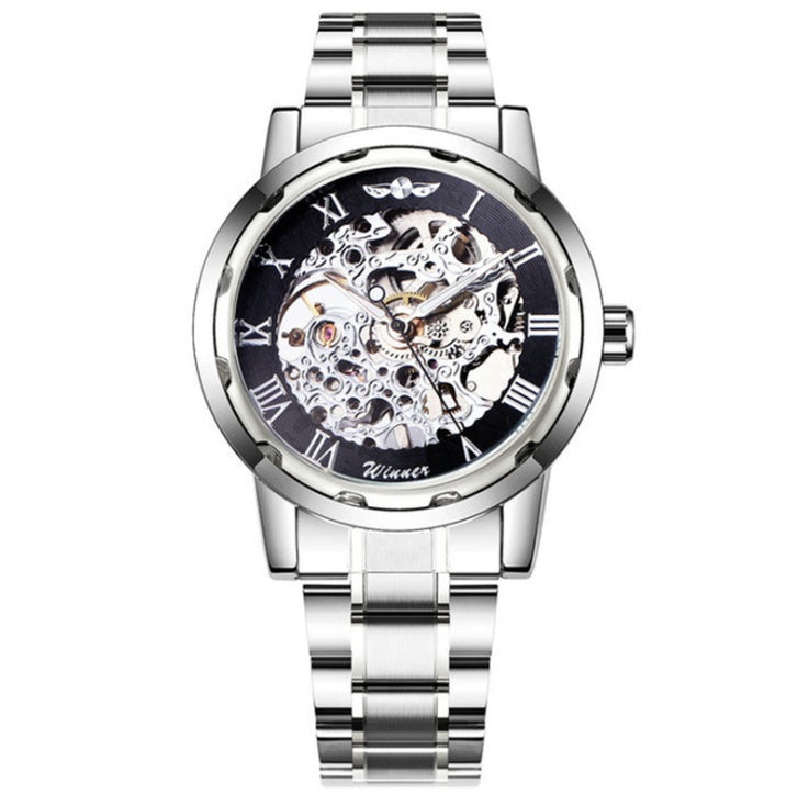 Die Gewinner-Herrenmode Business Casual Space Gravur Goldarmband Handaufzug-Mechanikuhr