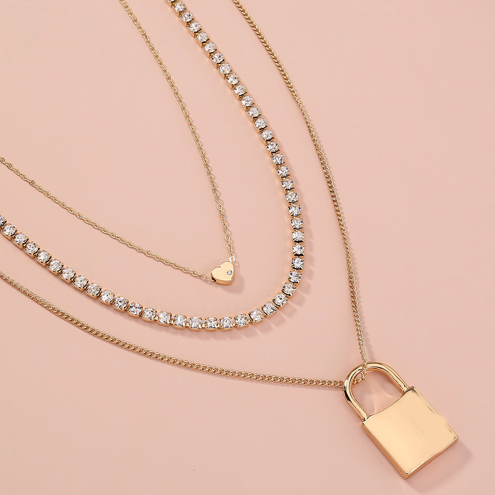Fashion exaggerated personality lock pendant multi-layer Diamond Gold Necklace woman