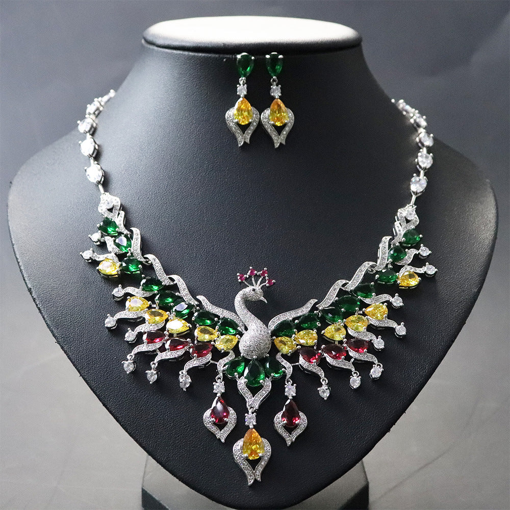Ethno-Stil Zirkon-Pfau-Ohrringe-Set Quaste Bunte Schlüsselbeinkette Schmuckset