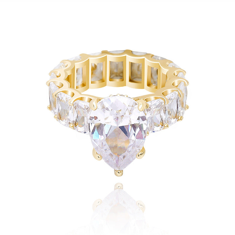 Anillos de dedo de lujo a la moda, con circonitas, diseño de gota de agua, color rosa, estilo baguette, para niñas y mujeres, joyería de compromiso, regalos