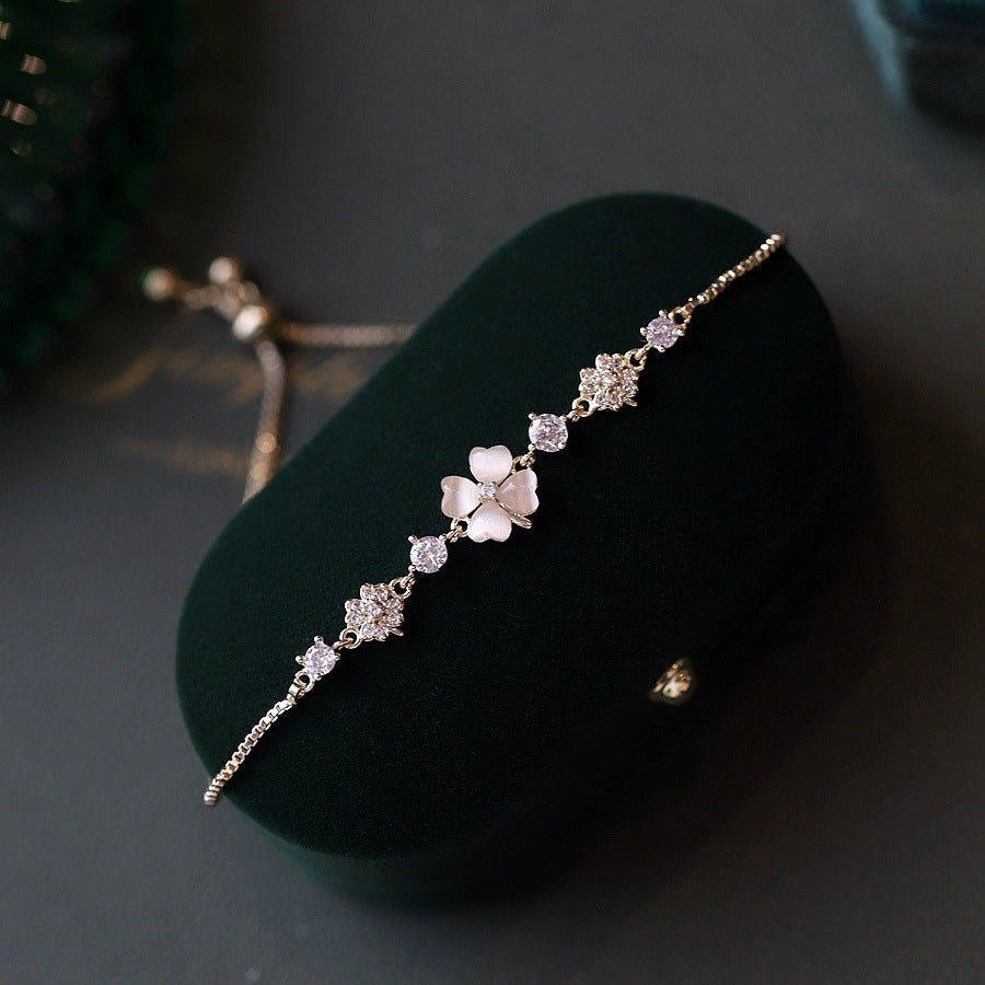 925 Sterling Silver Opal Four-leaf Clover Bracelet