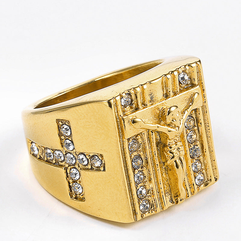 Anillo cruzado de Jesús retro europeo y americano religioso