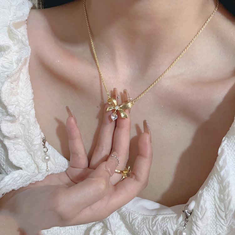 Gold Vintage Bow Heart Zircon Elegant Princess Earrings Ring Collar