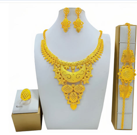 Traje de joyas de oro, collar, pulsera, pendientes y anillo de boda nupcial árabe