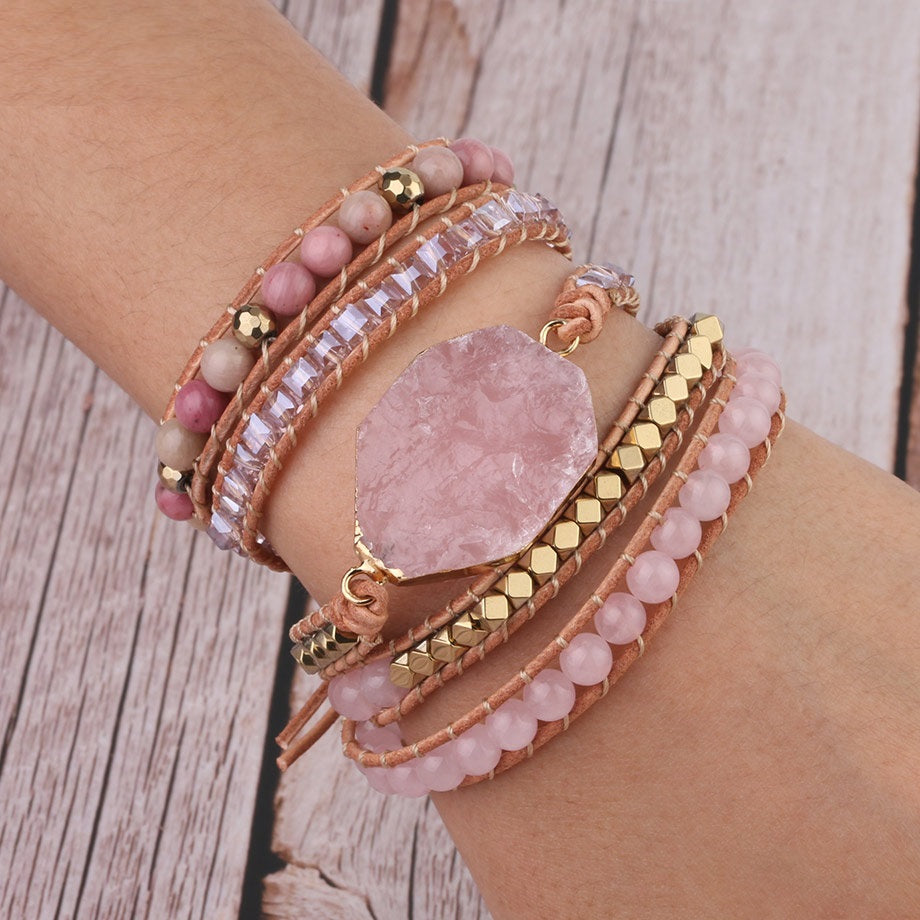 Pulsera de Piedra Natural Pulseras de Cuarzo de Cuero para Mujer con Cuentas de Piedras Preciosas Rosas Joyería 5 Hilos