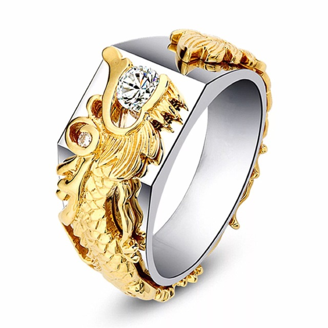Nuevo anillo de circonita de dos colores con patrón de dragón dominante para hombre, estilo punk y hip hop