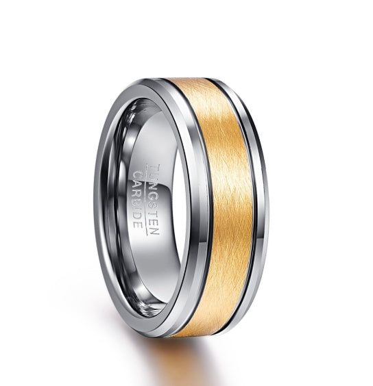 Herren 8mm Goldfarben gebürstet in der Mitte, zwei Rillen, Wolframcarbid-Eheringe, abgeschrägte Kante