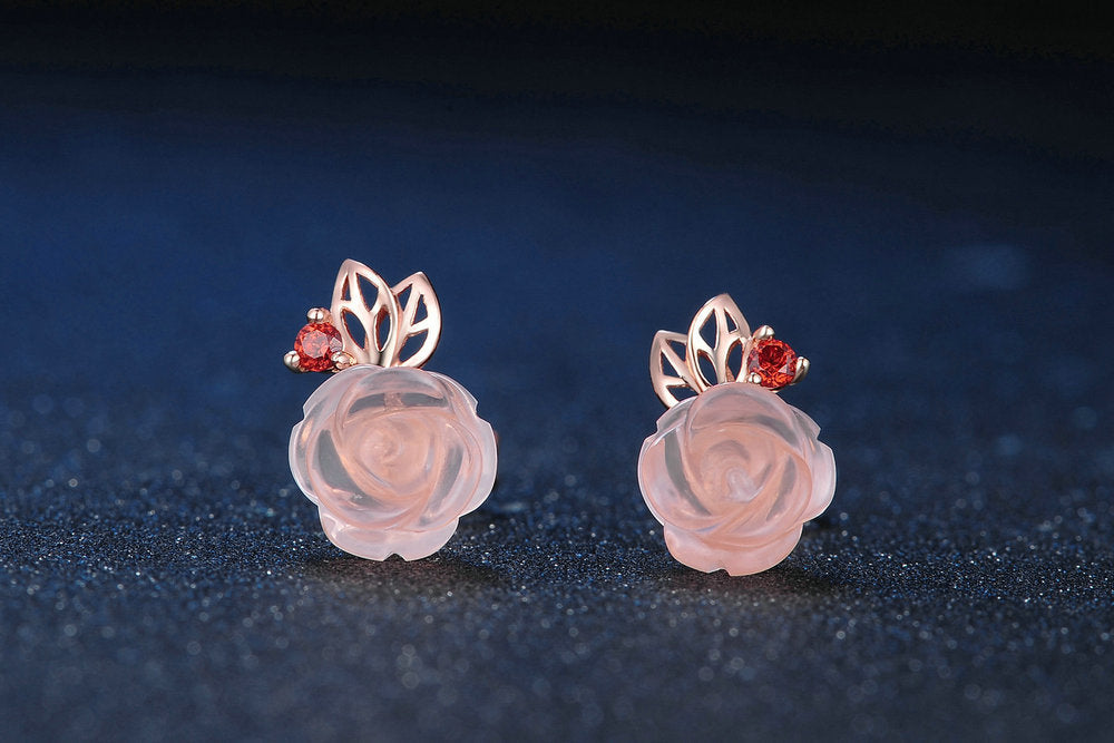 Blume Rosenquarz Edelsteine 18K Roségold plattiert Feiner Schmuck Silber Set