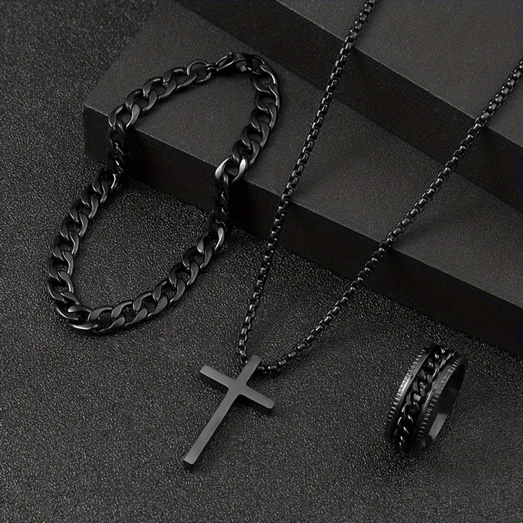 Herren Kreuz-Halskette Ring Armband Set