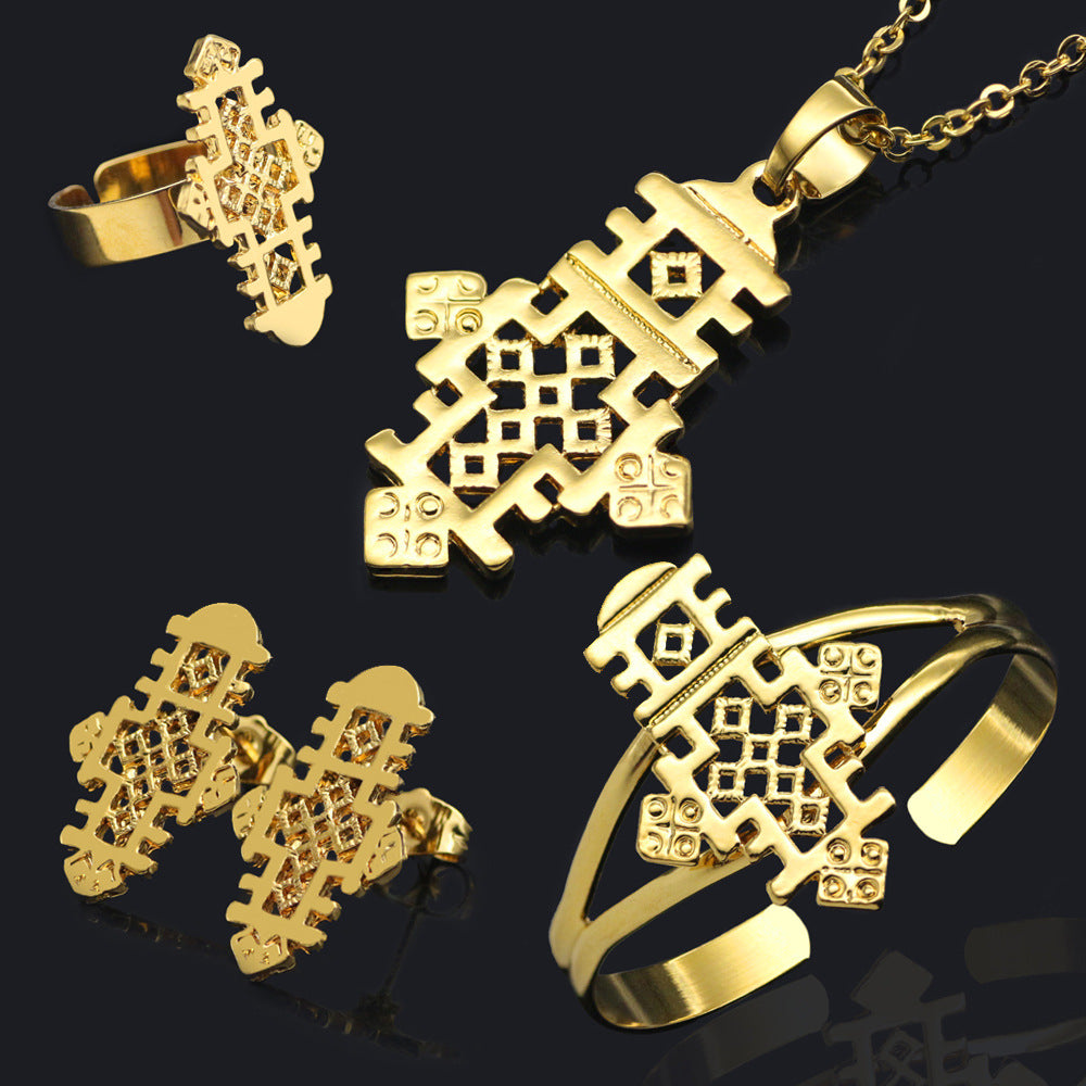 Äthiopisches Schmuckset Halskette Armband Ring Ohrring Vierteiliges Set