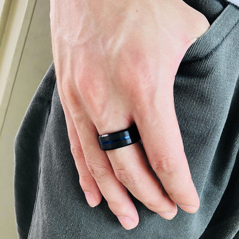 Titan-Stahl Herrenring Blau Edelstahl Gelenk zwischen Rillen