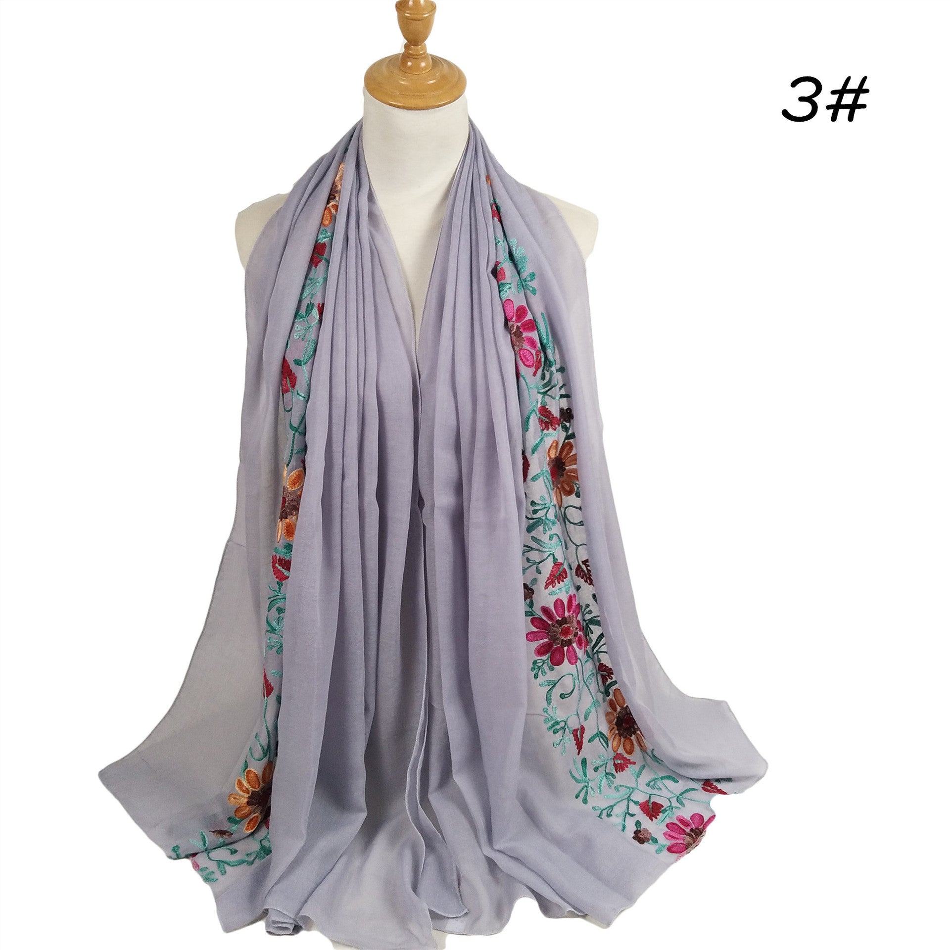 Big Flower Embroidery Cotton And Linen Headscarf Long Scarf Head Cover Hijab