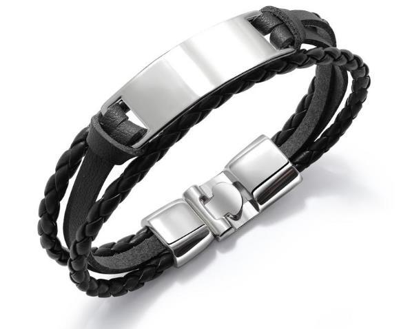 Pulsera de cuero multicapa negra para hombre, joyería tipo brazalete