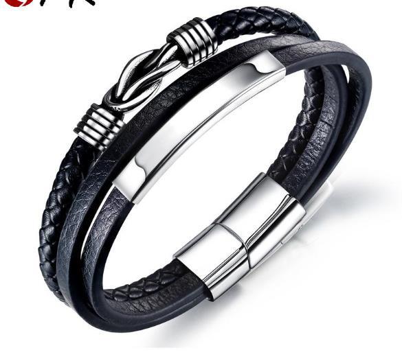 Pulsera de cuero multicapa negra para hombre, joyería tipo brazalete