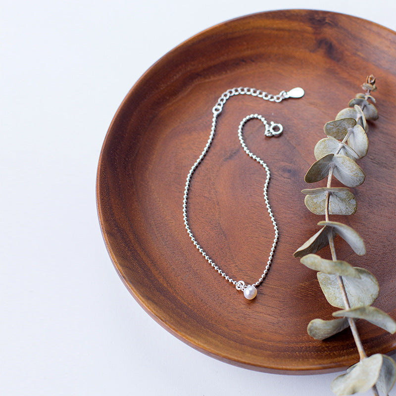 Tobillera femenina estilo coreano simple, con cuentas ligeras, pequeña bola de plata, tobillera de perlas