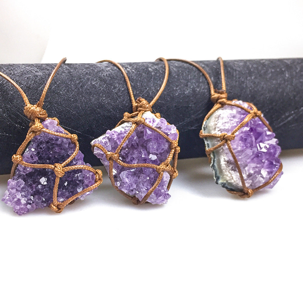 Natur Uruguay Amethyst Cluster Rohstein Anhänger Amethyst Rohstein geflochtene Halskette