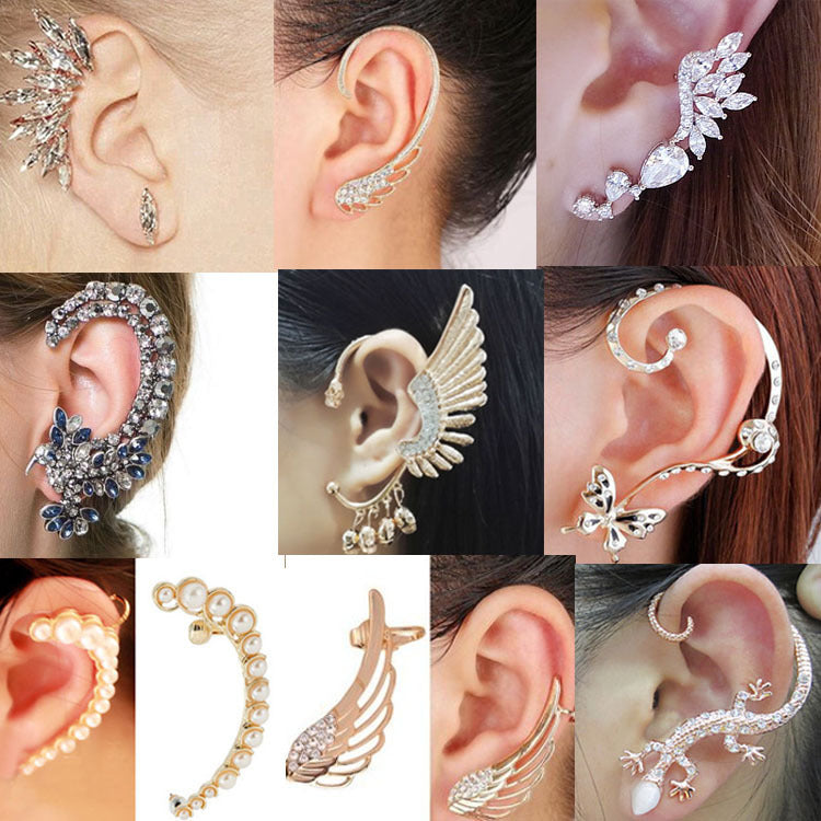 Arete con gancho de luna creciente, pájaro, perla y lagarto