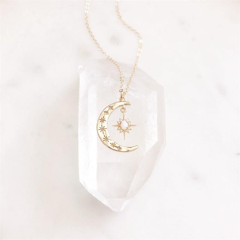 Opal-Halskette Stern-Mond-Halskette Dame