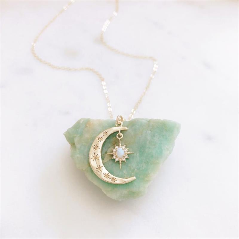 Opal-Halskette Stern-Mond-Halskette Dame