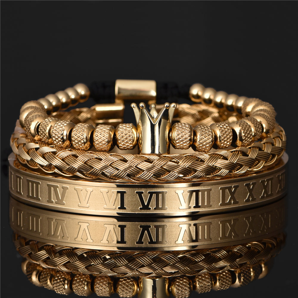 Original Design Crown 3-teiliges Armband für Damen und Herren aus Edelstahlperlen, handgefertigt