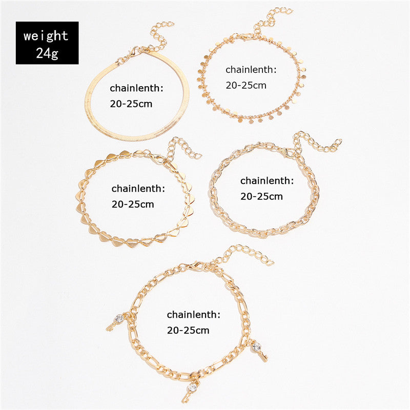 5 Stück Damen Mode Goldfarbe Herz Kristall Schlüssel Fußkettchen für Frauen Trendige Schlangenketten Fußkettchen für Frauen Fußschmuck Geschenke