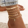 5 Stück Damen Mode Goldfarbe Herz Kristall Schlüssel Fußkettchen für Frauen Trendige Schlangenketten Fußkettchen für Frauen Fußschmuck Geschenke