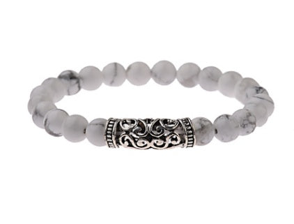 Armband im chinesischen Stil mit zylindrischen Elementen, Legierung, Bleifarbe, Lavastein, Weißer Kiefernstein