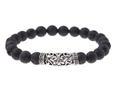 Armband im chinesischen Stil mit zylindrischen Elementen, Legierung, Bleifarbe, Lavastein, Weißer Kiefernstein