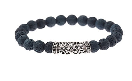 Armband im chinesischen Stil mit zylindrischen Elementen, Legierung, Bleifarbe, Lavastein, Weißer Kiefernstein