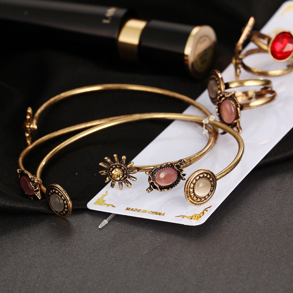 Kreatives Vintage Blumen Gelenkring Offener Armreif Ring Set