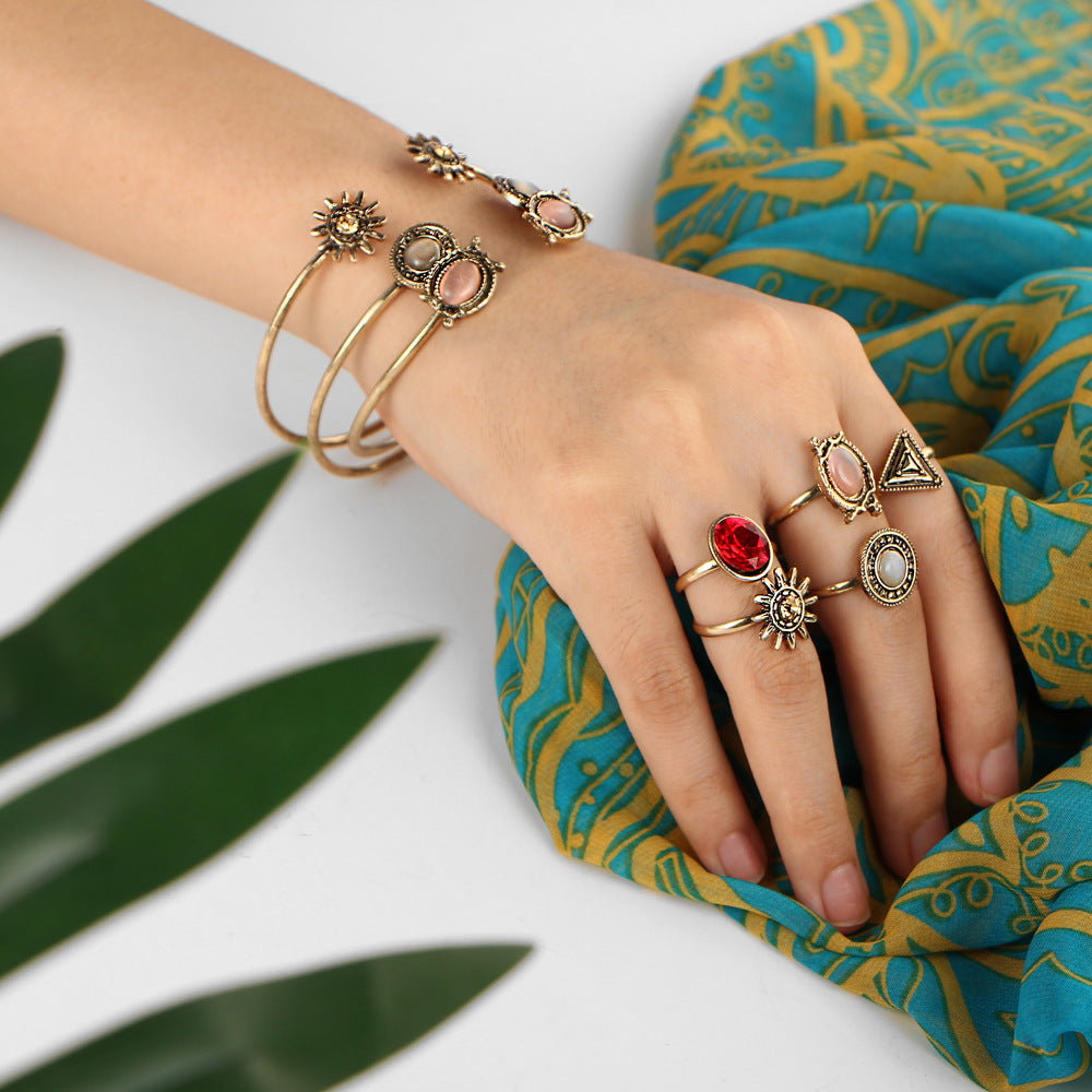 Kreatives Vintage Blumen Gelenkring Offener Armreif Ring Set