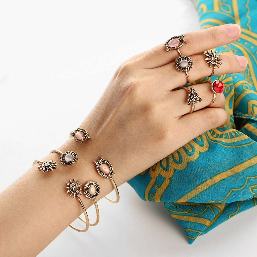 Kreatives Vintage Blumen Gelenkring Offener Armreif Ring Set