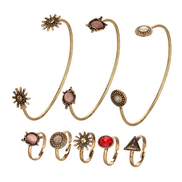 Kreatives Vintage Blumen Gelenkring Offener Armreif Ring Set