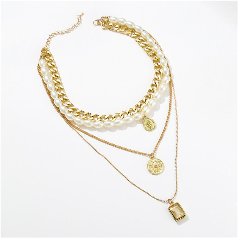 Perlenkette, Diamanthalskette, Retro-Münze, Edelsteinkette, Mehrlagige Perlenkette