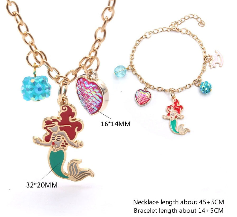 Colgante de corazón de sirena para bebé, collar de cadena larga, pulseras, conjunto de joyas de moda para niños, regalo