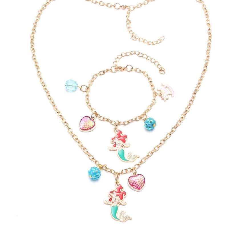 Colgante de corazón de sirena para bebé, collar de cadena larga, pulseras, conjunto de joyas de moda para niños, regalo
