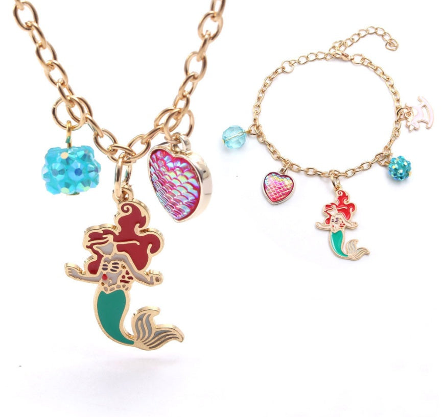 Colgante de corazón de sirena para bebé, collar de cadena larga, pulseras, conjunto de joyas de moda para niños, regalo