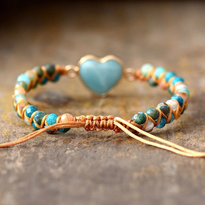Klassische Herzform Charms Armbänder Amazonit Schnur Geflochtenes Makramee Armband Teengirls Wickelarmband Damen Schmuck