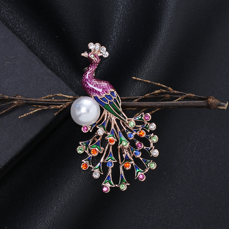 Neue Pfauenbrosche Tierbrosche Emaille Farbige Tropfen Strassbrosche für Damen