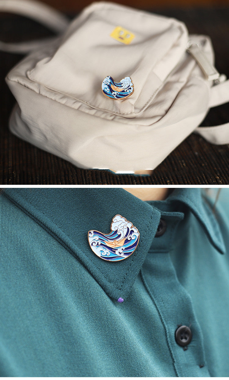 Broche "Monta el Viento y las Olas", Broche Delicado de Metal Azul, Broche de Insignia de Decoración Creativa